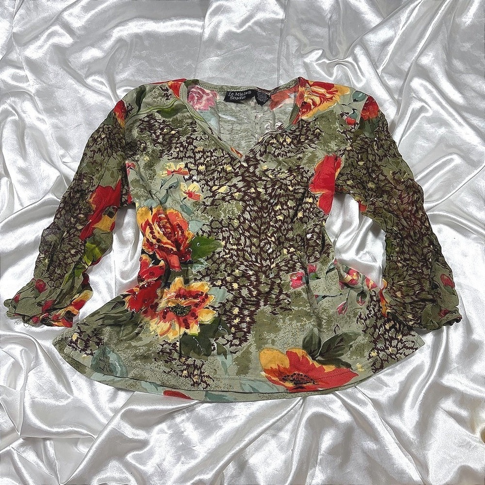 y2k Floral Top Green Excellent Sequin Embellished Crinkle Sleeve Le Mieux Studio